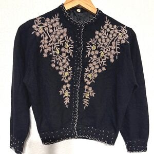 Vintage 1950's Black Wool Beaded Cardigan Floral Gold Bead Sweater Size 38 Pinup